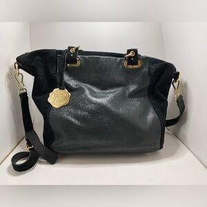 Black Leather & Suede Shoulder Bag with Gold Accent
